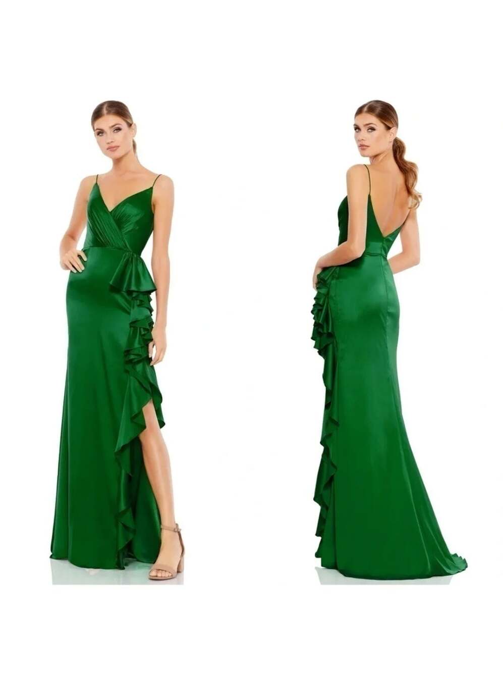 Ieena for Mac Duggal 67815 Forest Green Satin Ruffled Asymmetrical Gown Sz 8 NWT